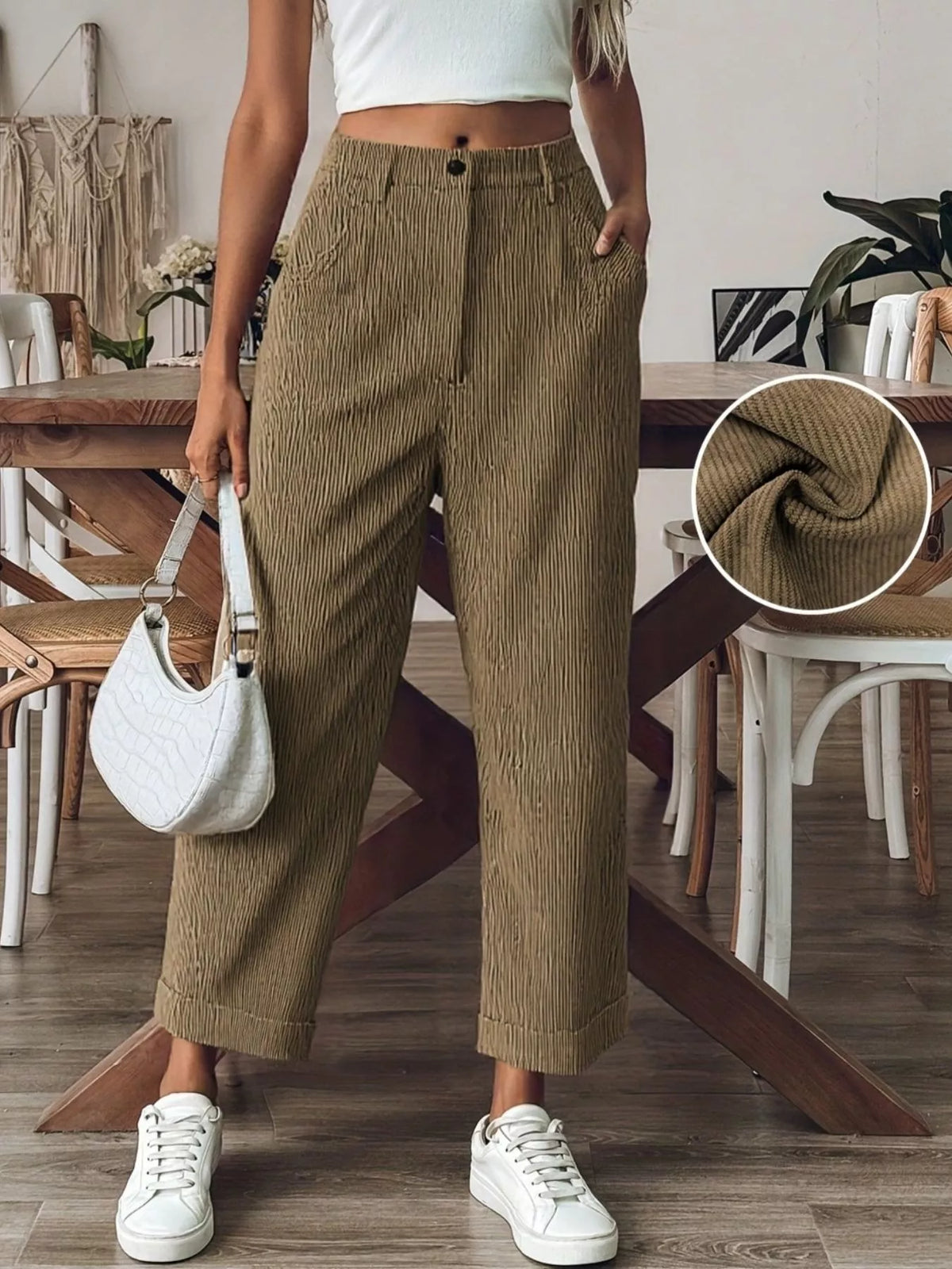 Textured Corduroy Straight-Leg Pants in Khaki