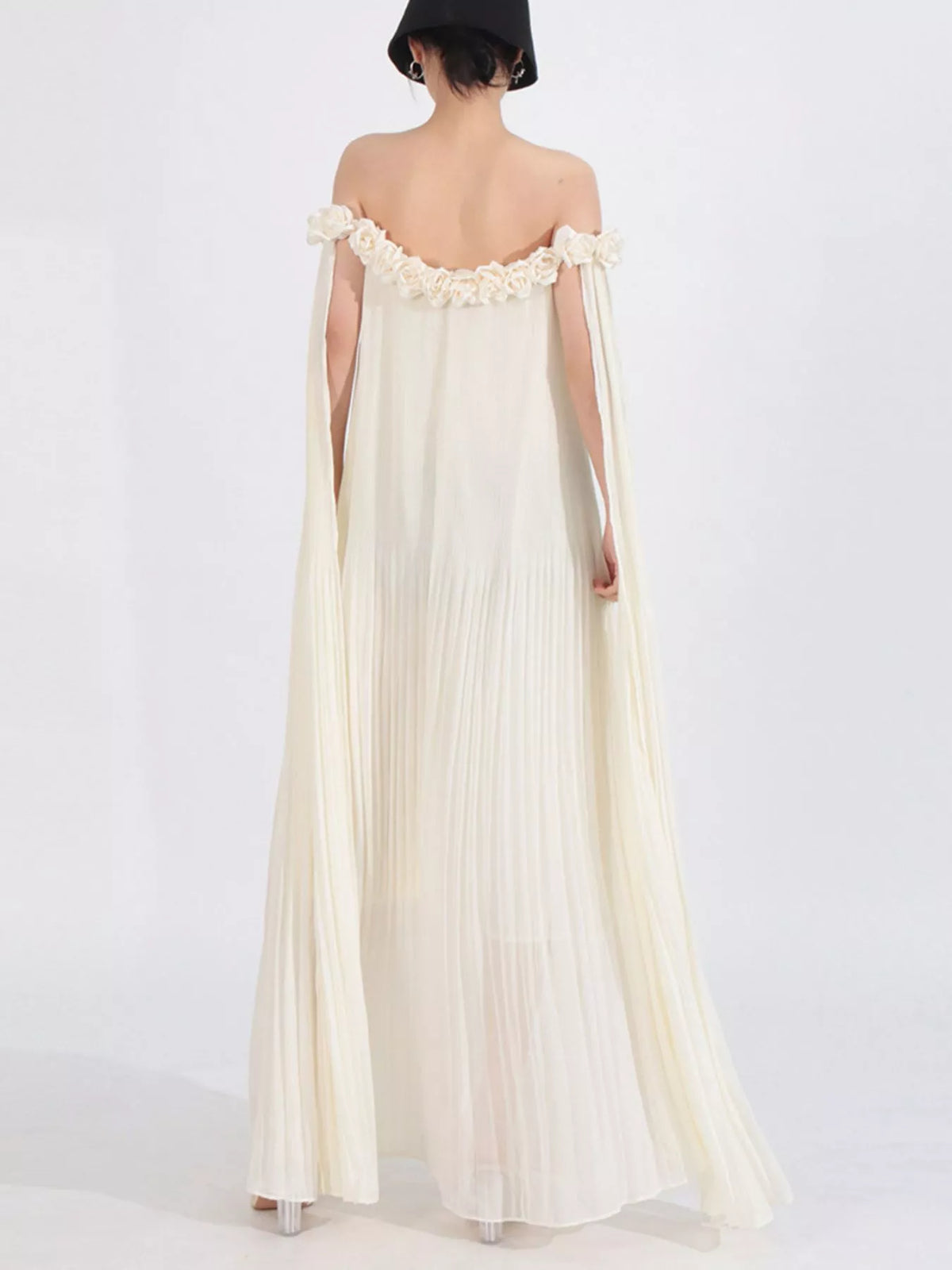 Off-Shoulder Pleated Floral Maxi Dress