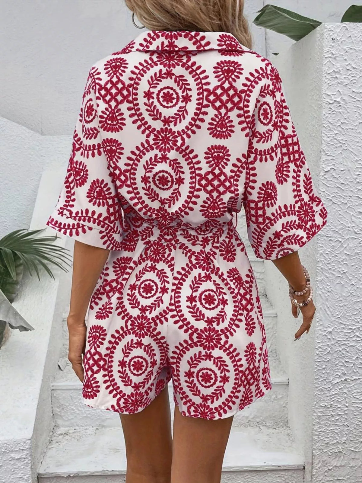 Printed Button Front Tie Waist Romper