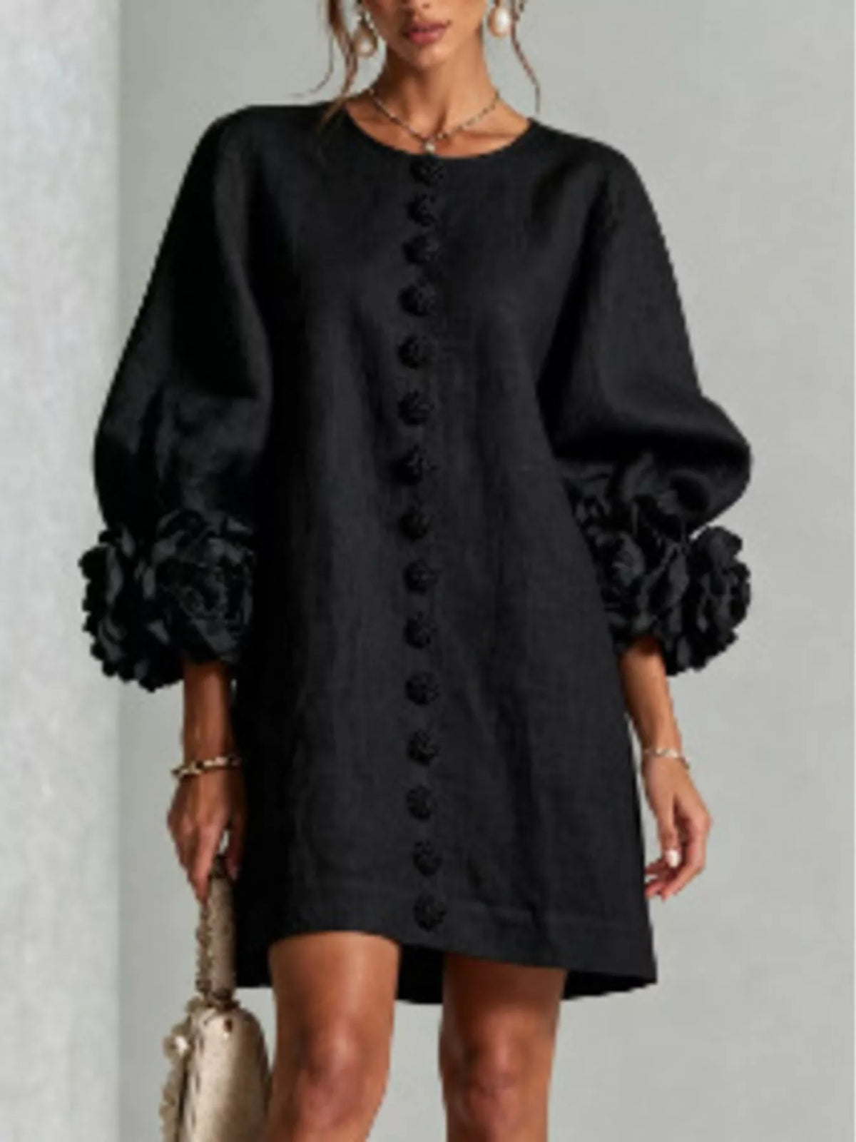 3D Floral Sleeve Round Neck Dress, Plus Size