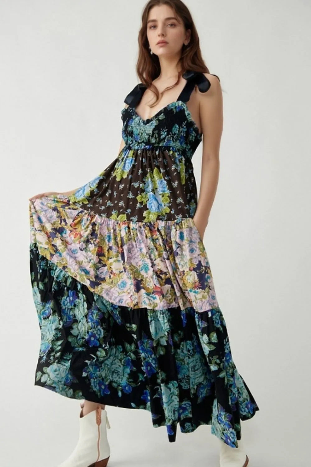Floral Tiered Maxi Dress with Mixed Print