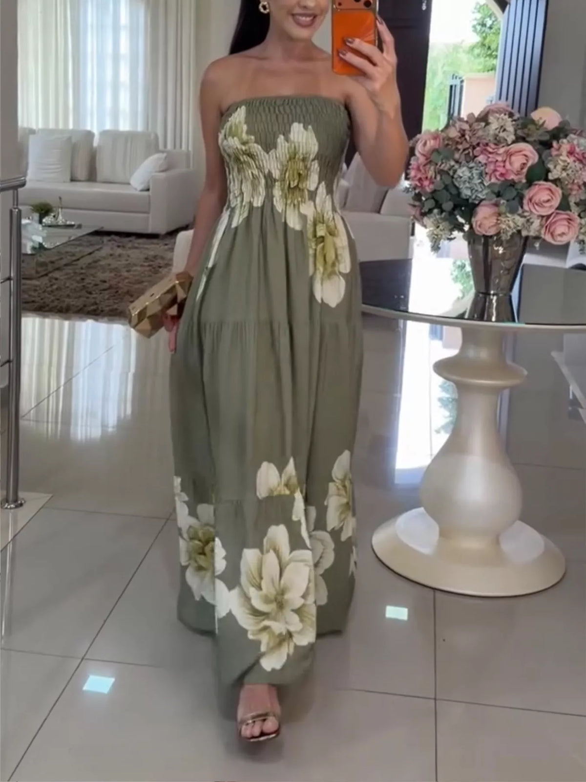Floral Smocked Strapless Maxi Dress in Green
