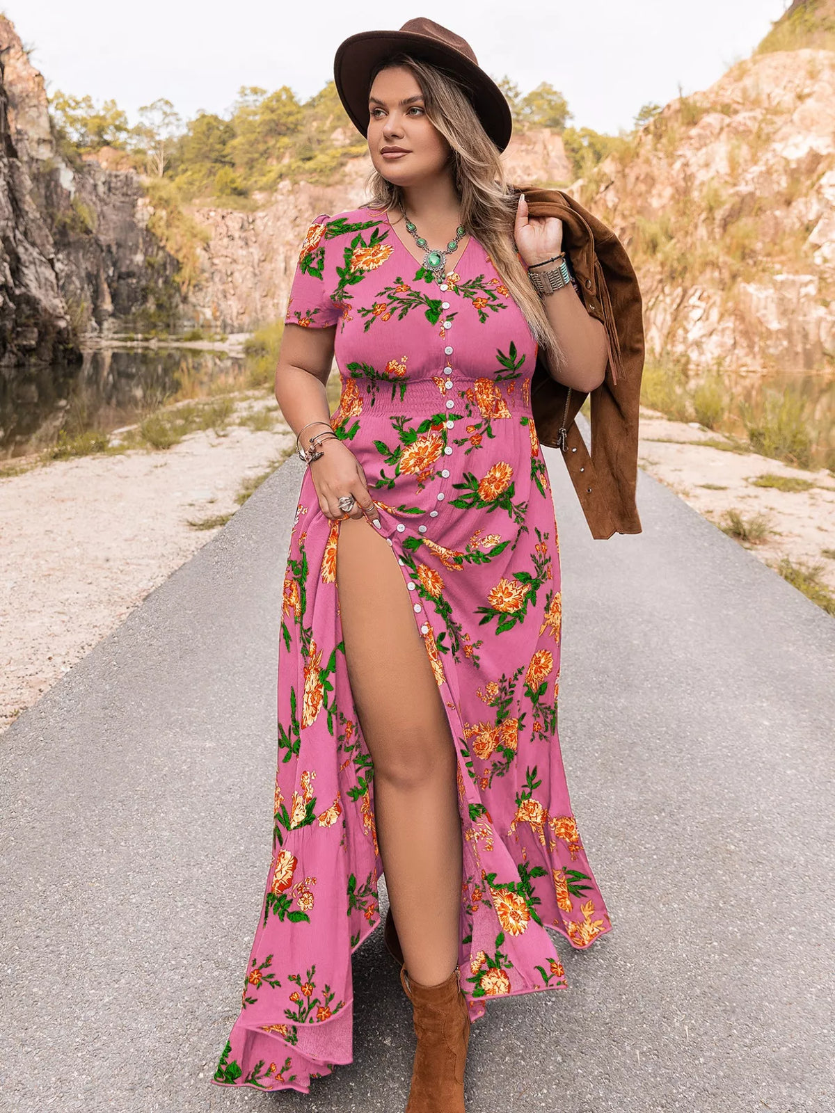 Floral V-Neck Maxi Dress in Fuchsia Pink