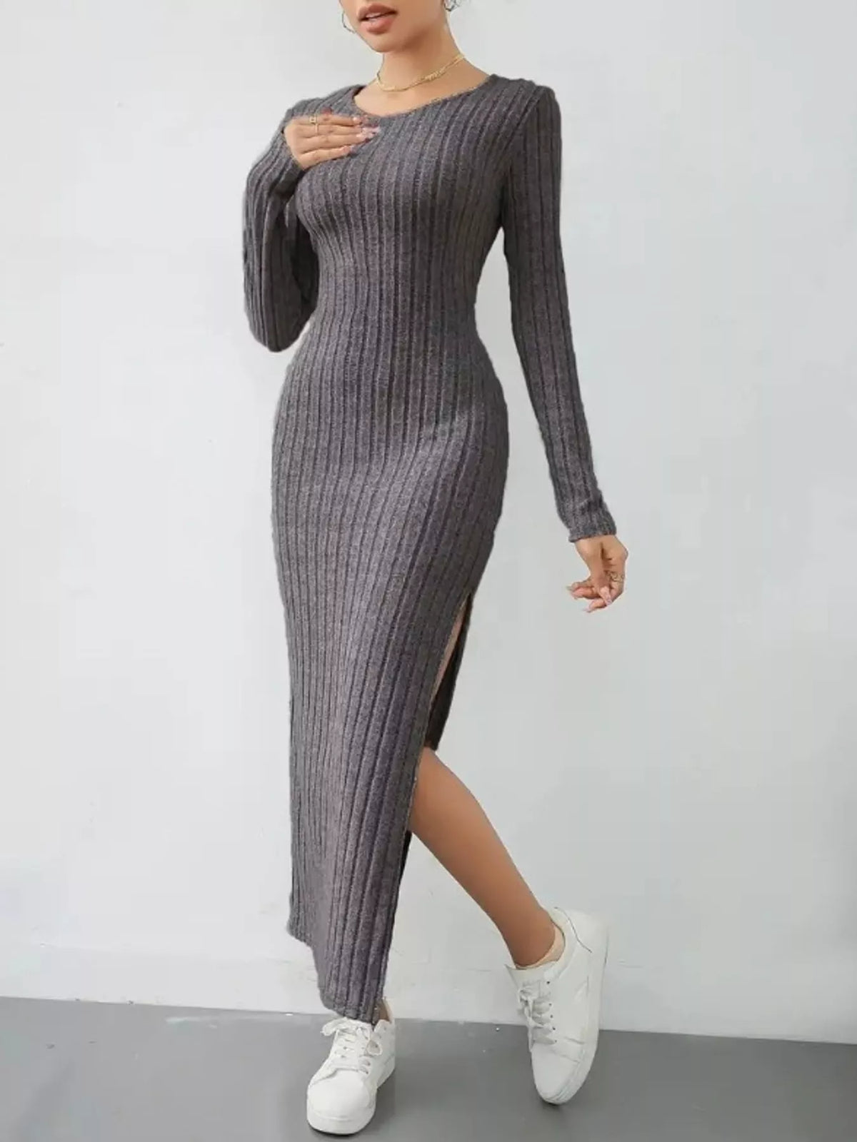 Side Slit Ribbed Knit Dress