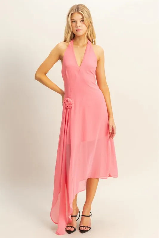 Hyfve Chiffon Halter Asymmetrical Hem Dress in Rose