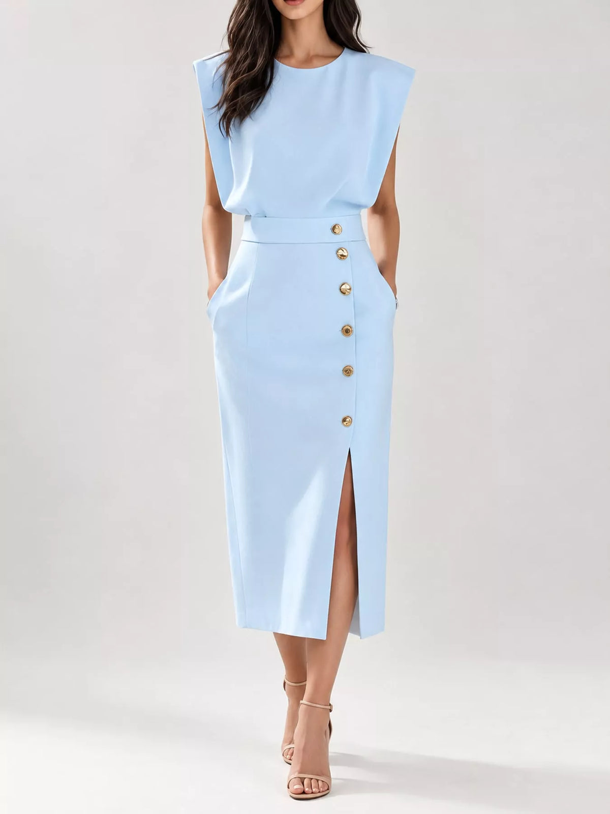Sleeveless Midi Dress with Gold Button Detail