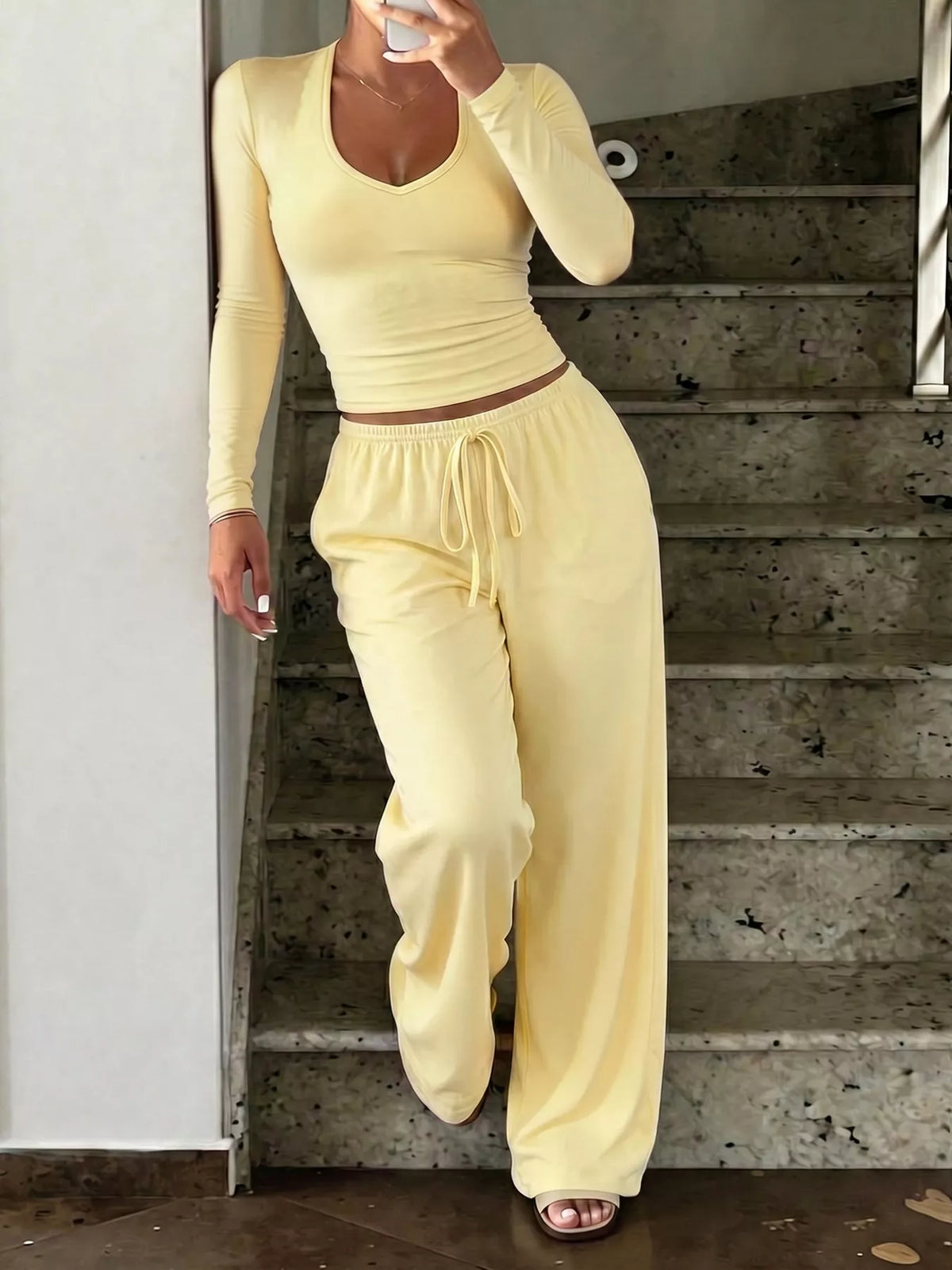 Long Sleeve Crop Top and Wide-Leg Pant Set in Yellow