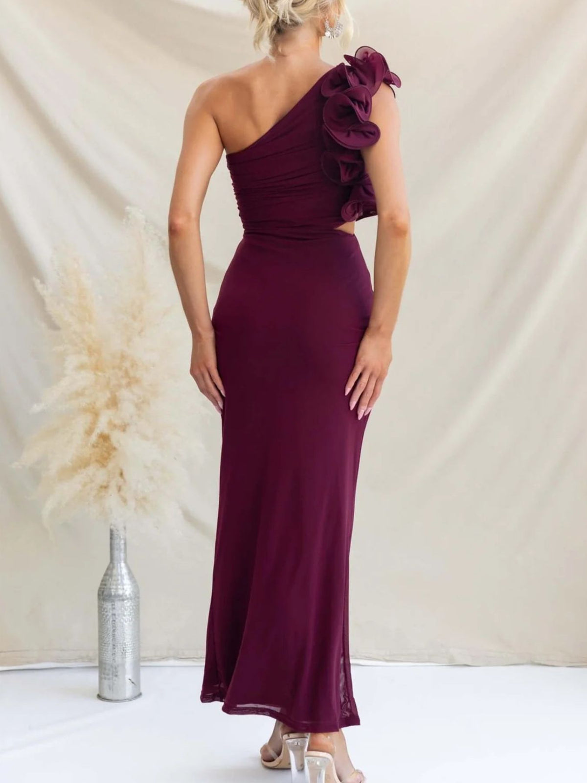 One-Shoulder Floral Trim Maxi Dress