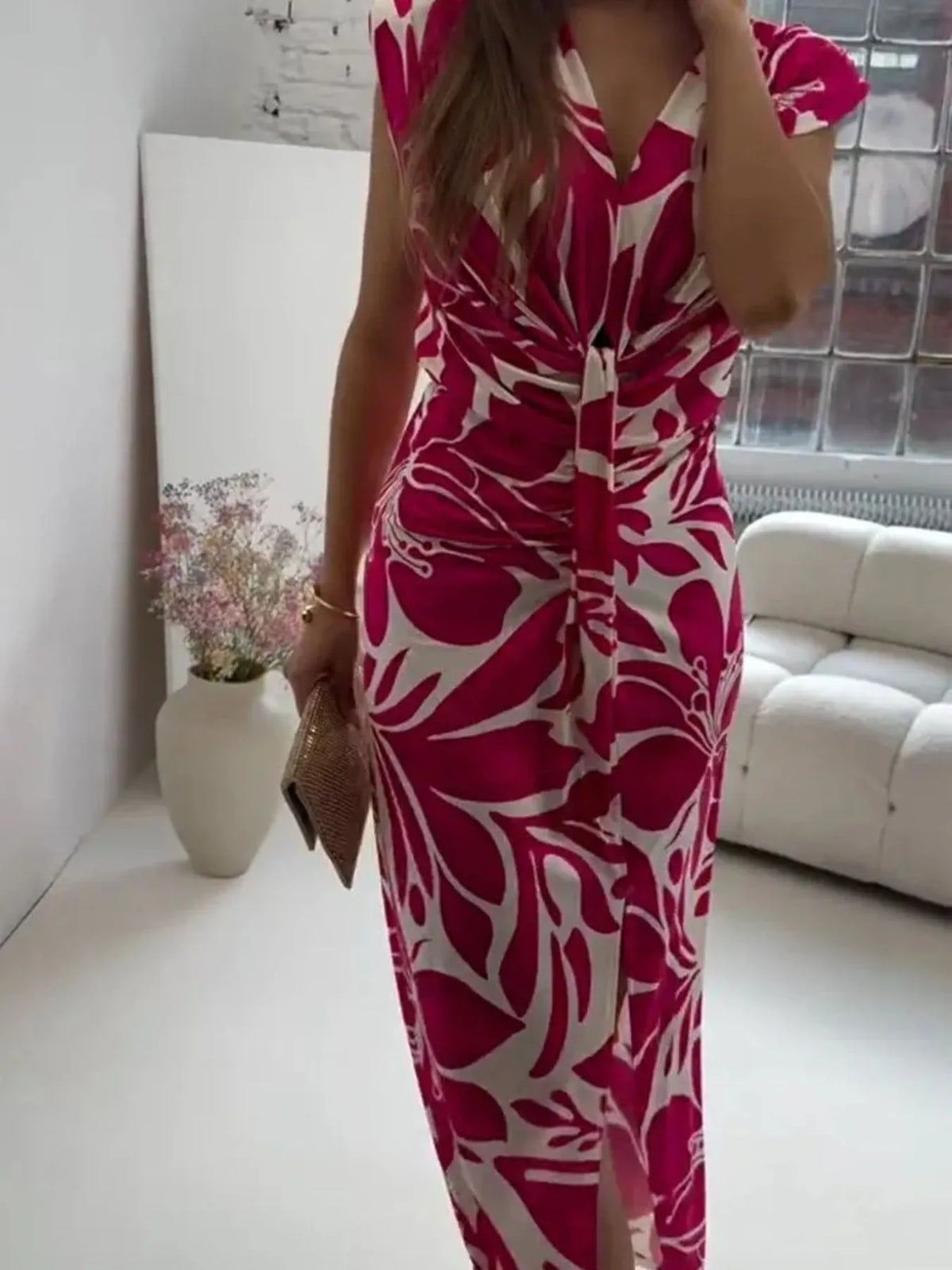 Slit Printed V-Neck Midi Dress