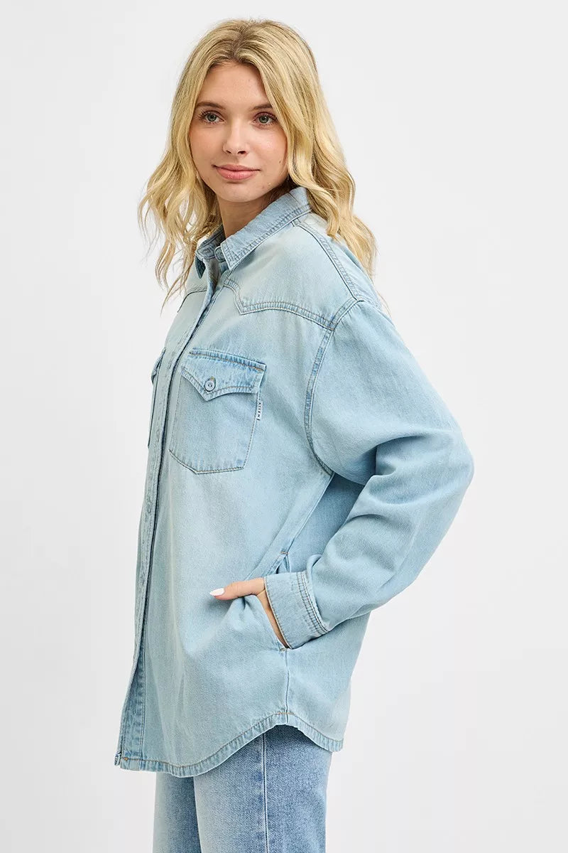Risen Western Yoke Relaxed Fit Denim Shirt in Light