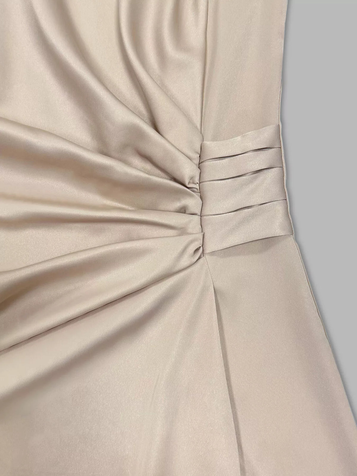 Long Sleeve Satin Ruched Midi Dress in Champagne in Champagne Color