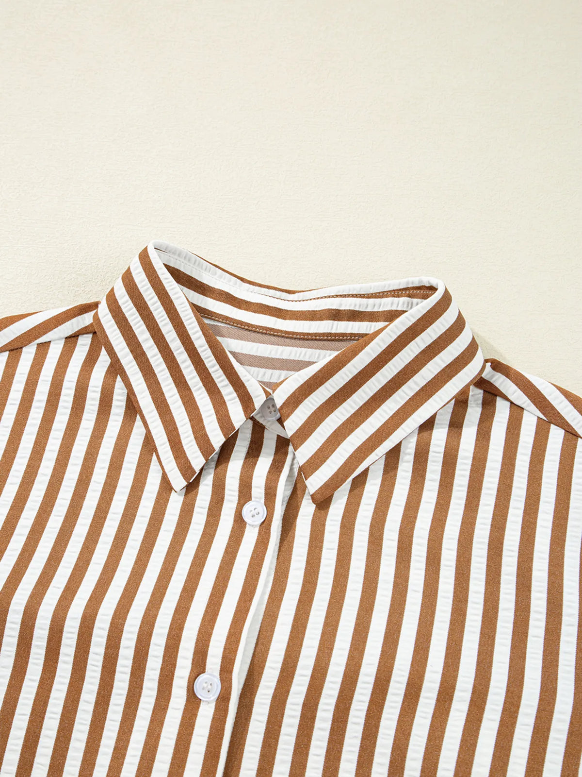 Collared Long Sleeve Mini Shirt Dress in Brown Stripe