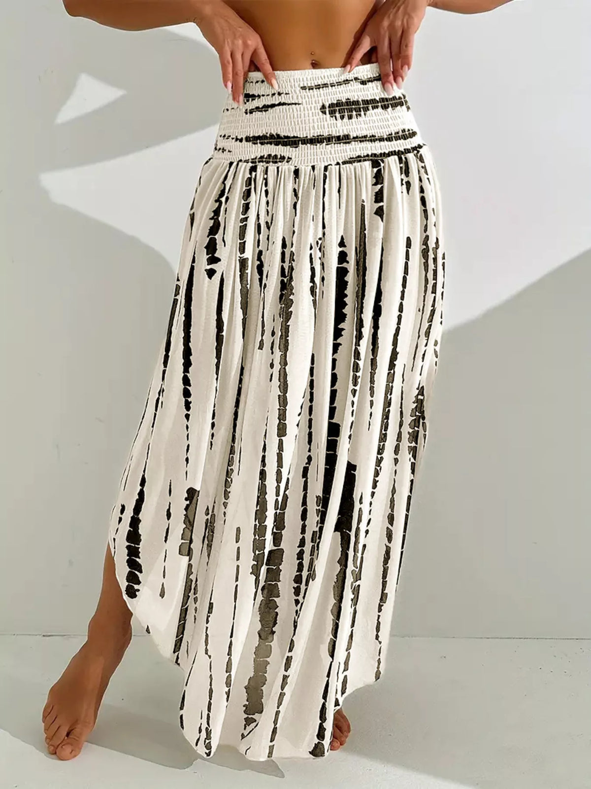 Smocked Asymmetrical Hem Skirt in Beige