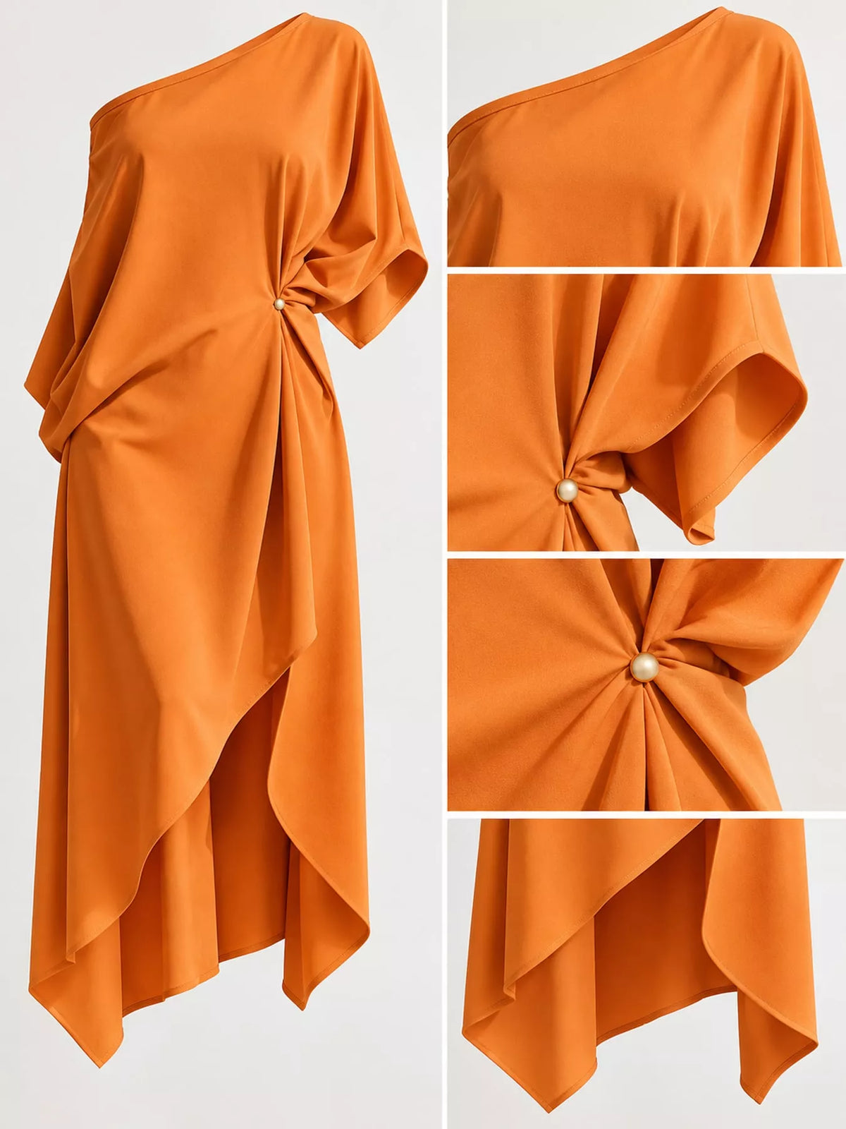 One-Shoulder Asymmetric Hem Midi Dress