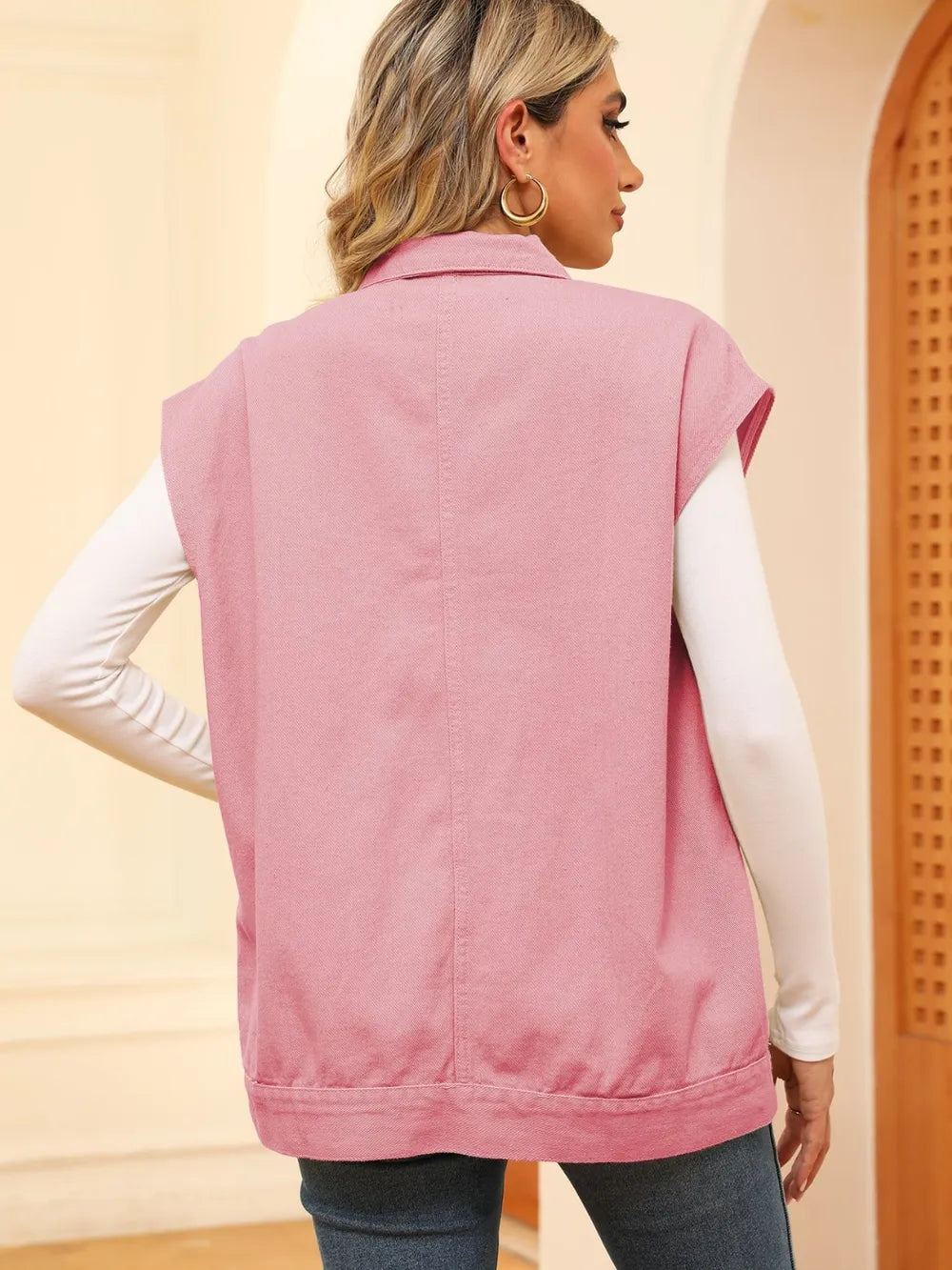 Pocketed Button Up Sleeveless Denim Jacket by Manny