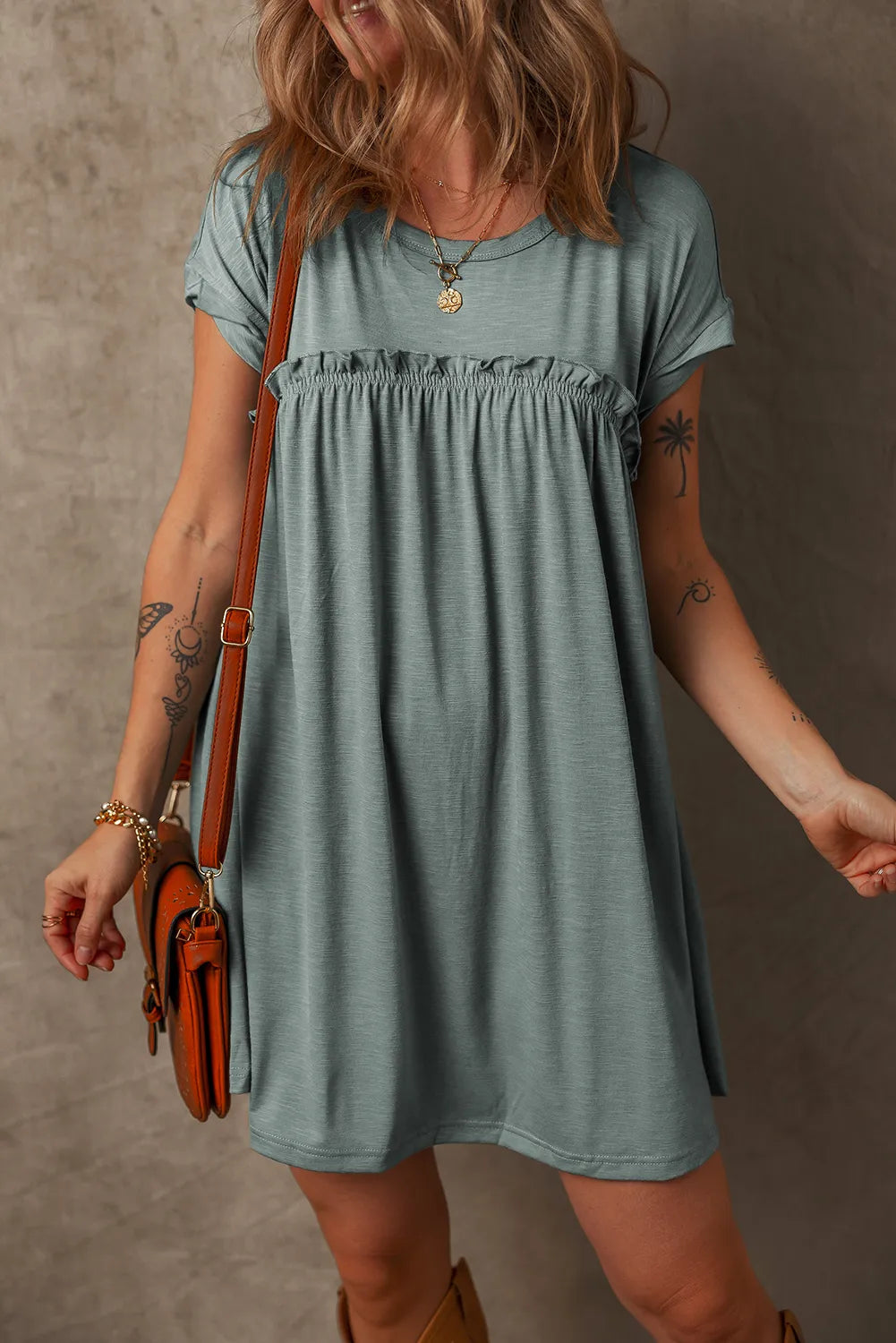 Frilled Round Neck T-Shirt Dress in Sage