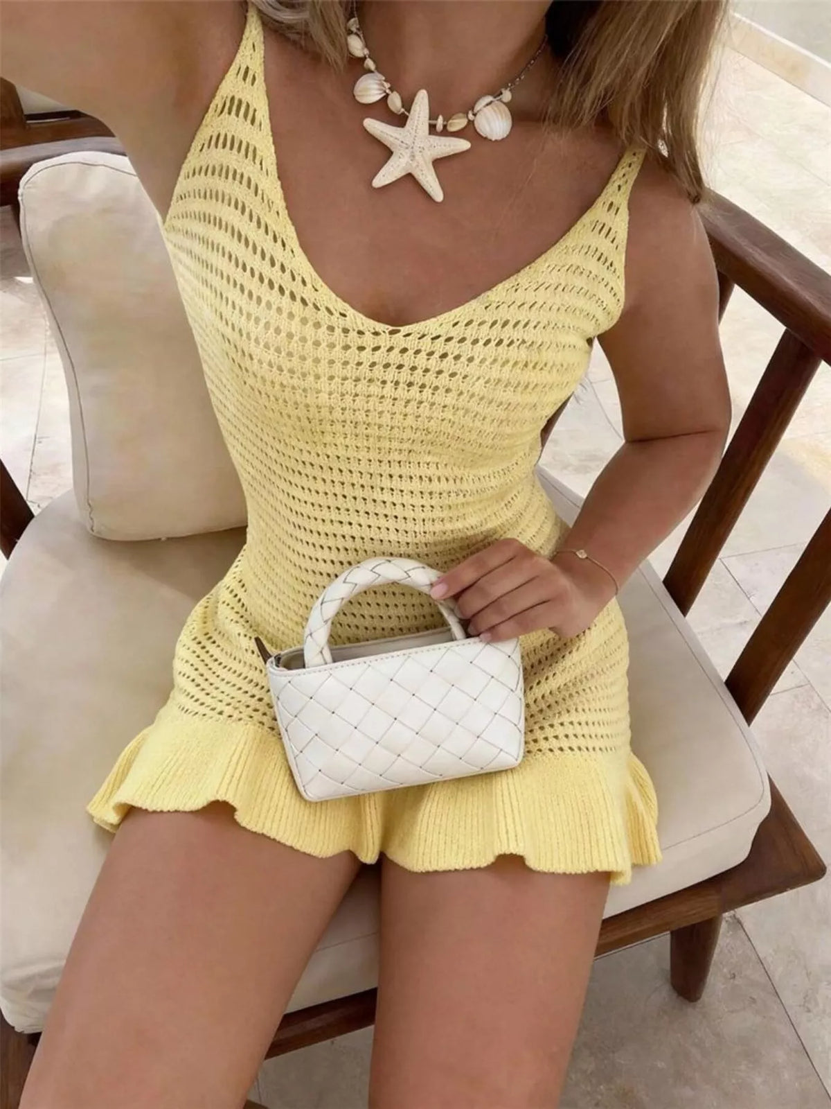 Crochet Knit Sweater Dress with Frill Trim