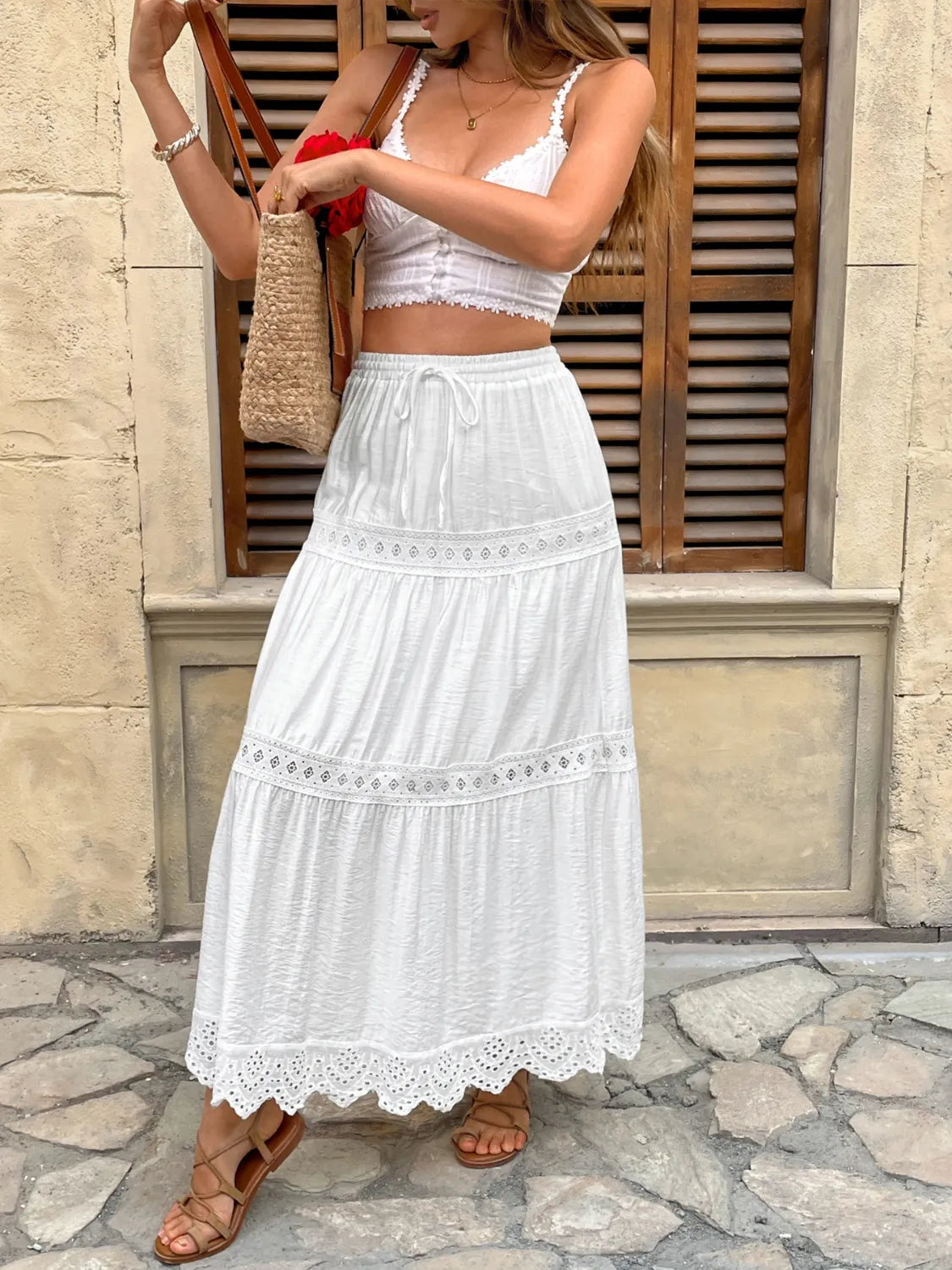 Lace Detail Elastic Waist Skirt in White