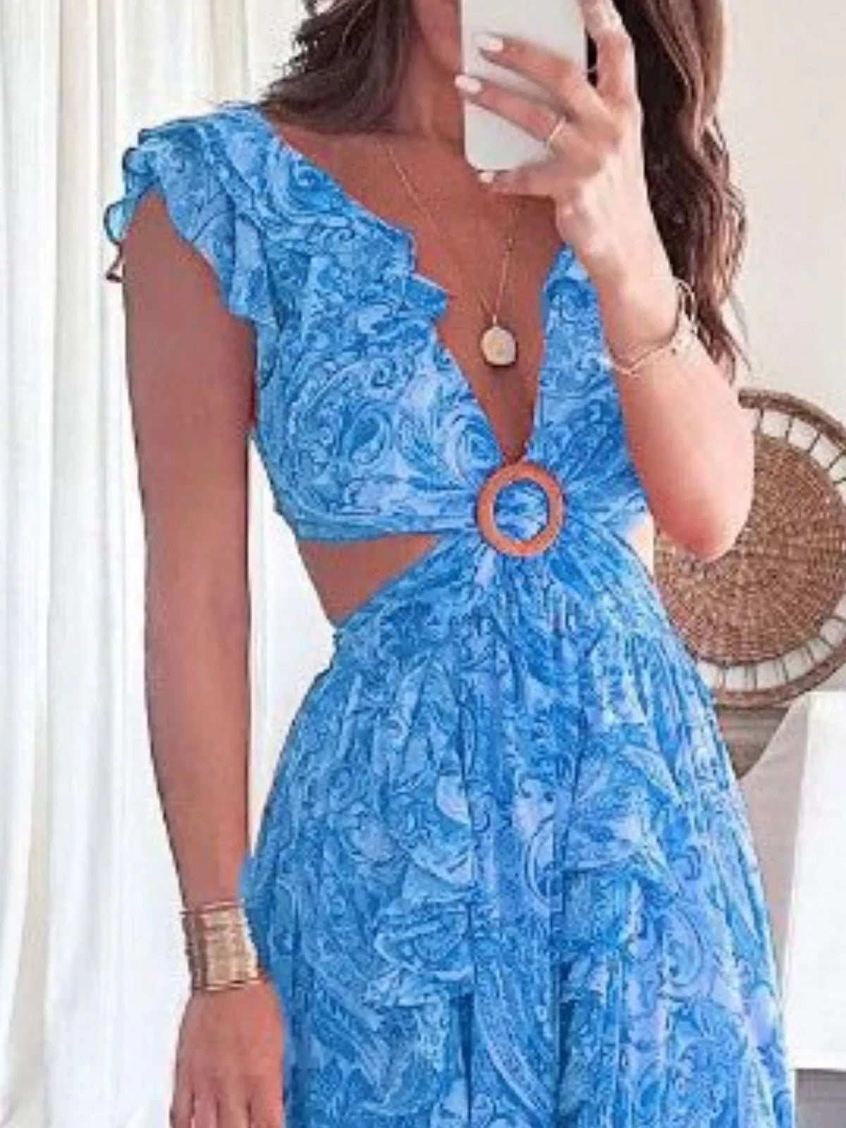 Ruffled Cutout V-Neck Maxi Dress
