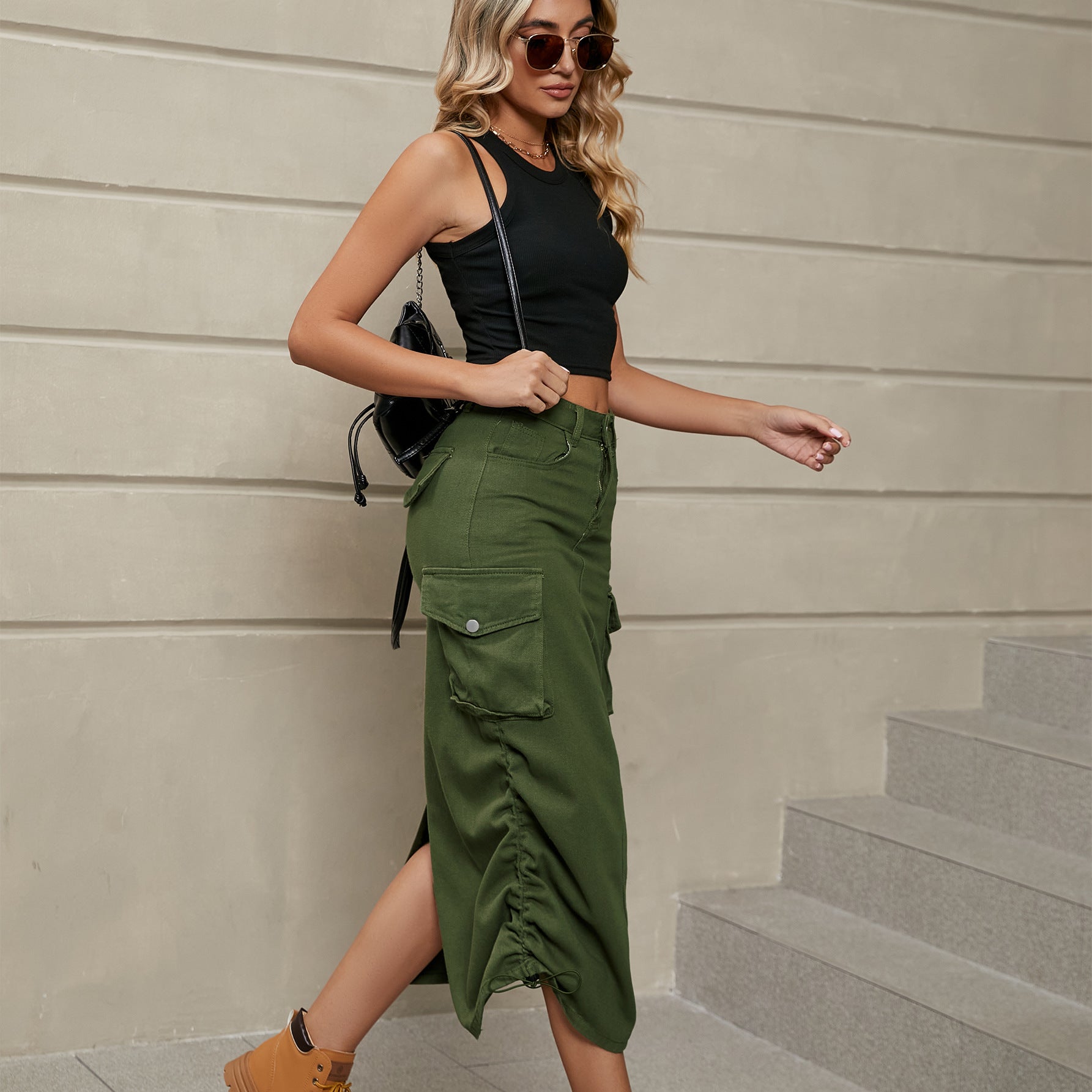 Drawstring Ruched Denim Midi Skirt by Manny