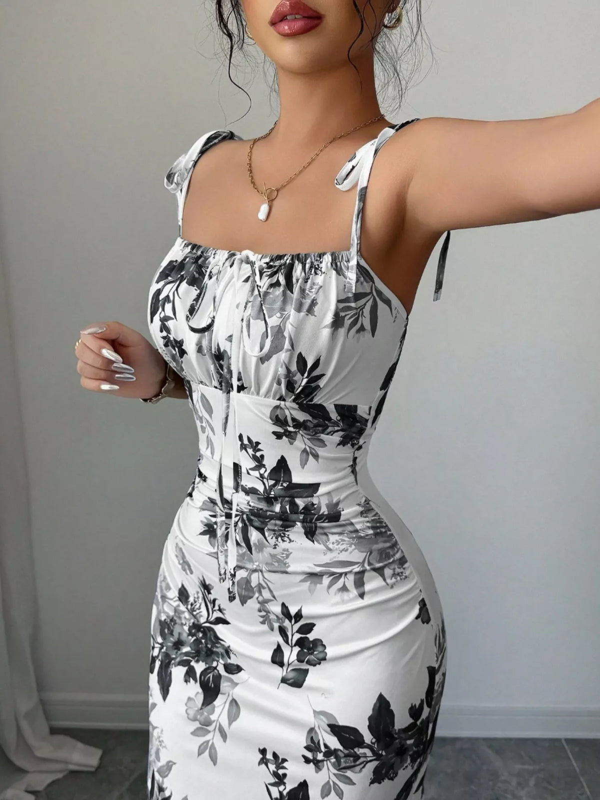 Printed Tie Strap Maxi Dress with Slit