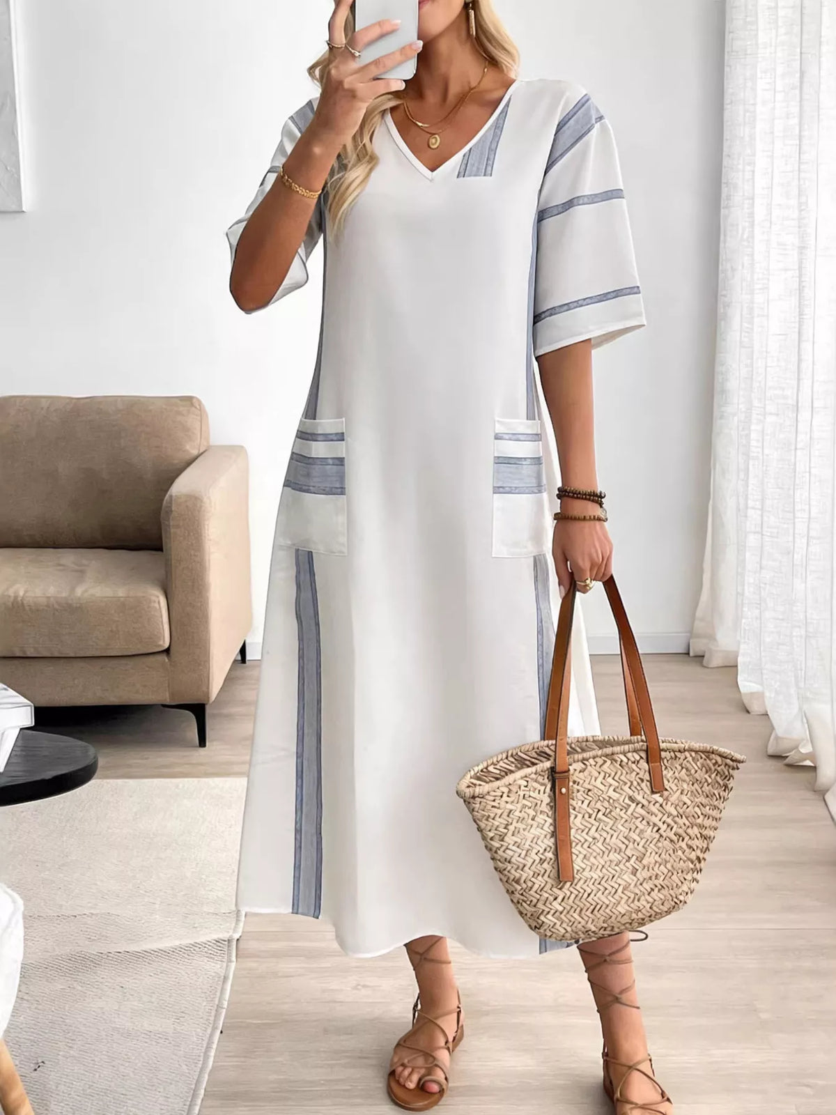 Striped V-Neck Maxi Dress in White