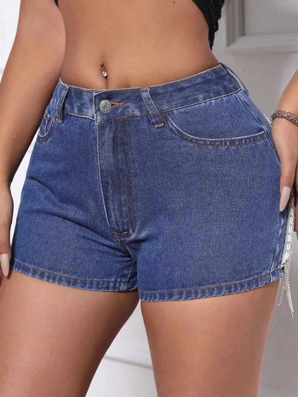 Fringe Back Denim Shorts in Medium Wash