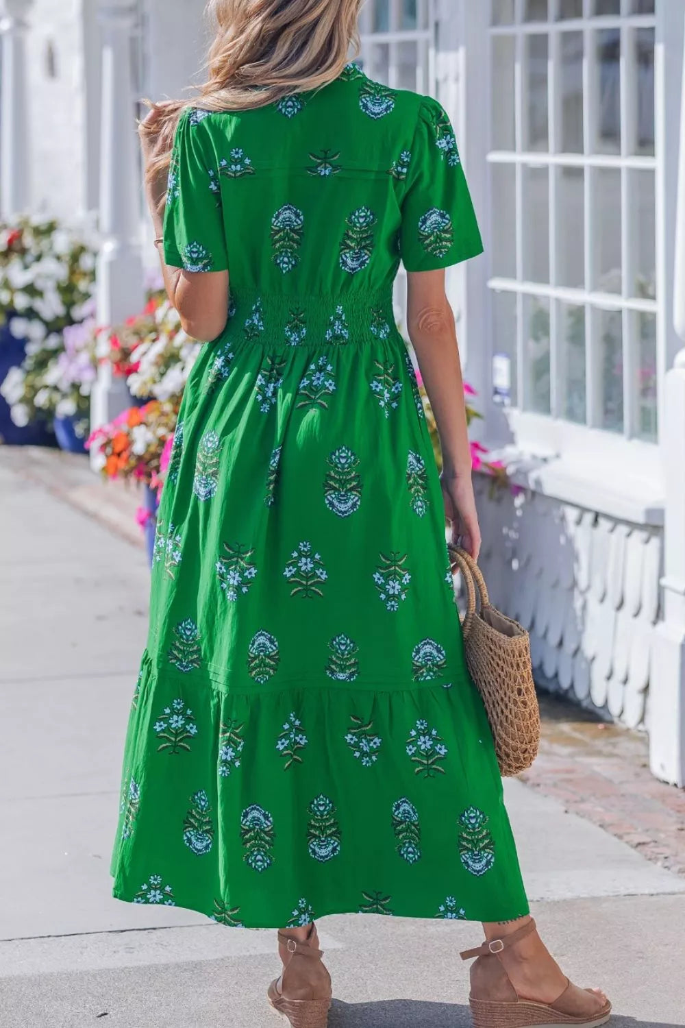 Floral Print Smocked-Waist Maxi Dress in Dark Green