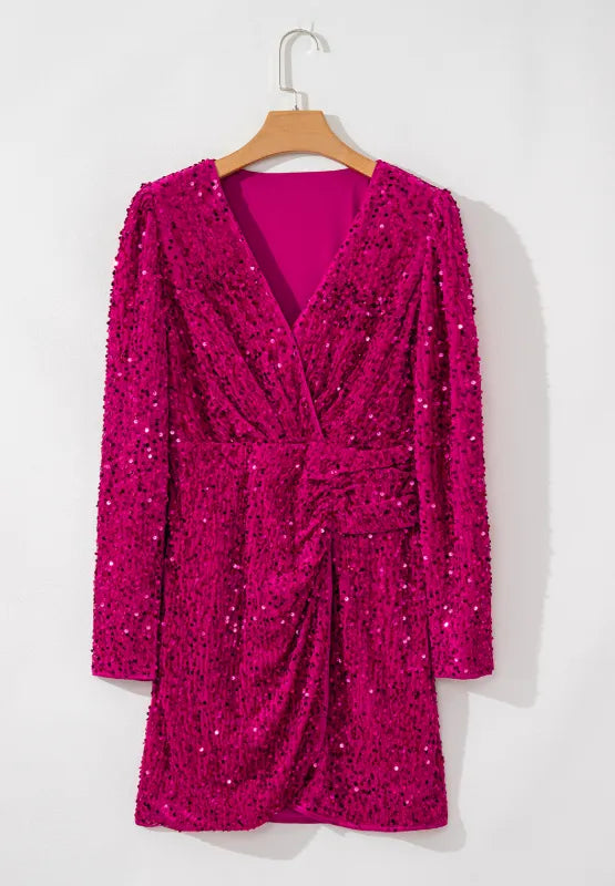 Sequin Surplice Mini Dress in Deep Rose
