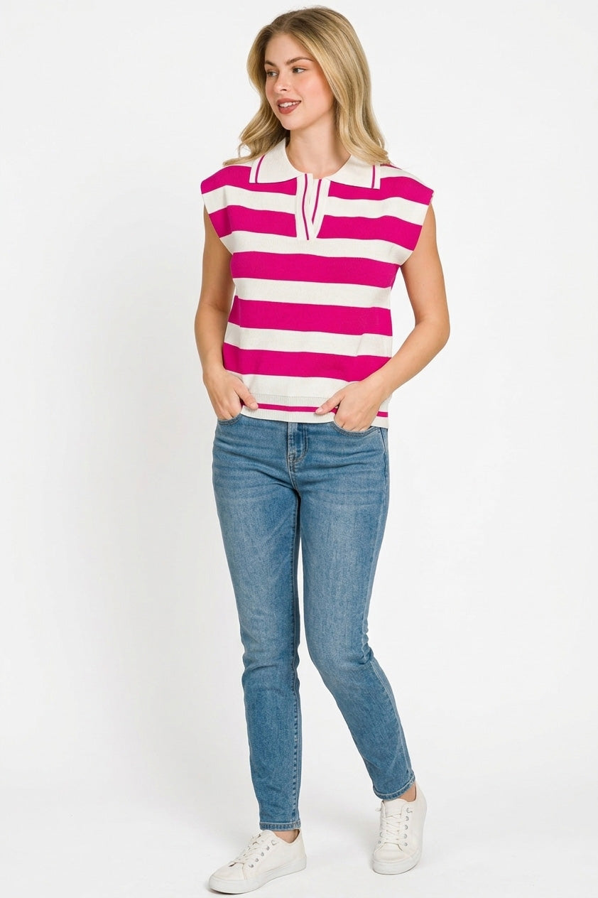 Zenana Striped Collared Sweater Vest in Hot Pink/Ivory