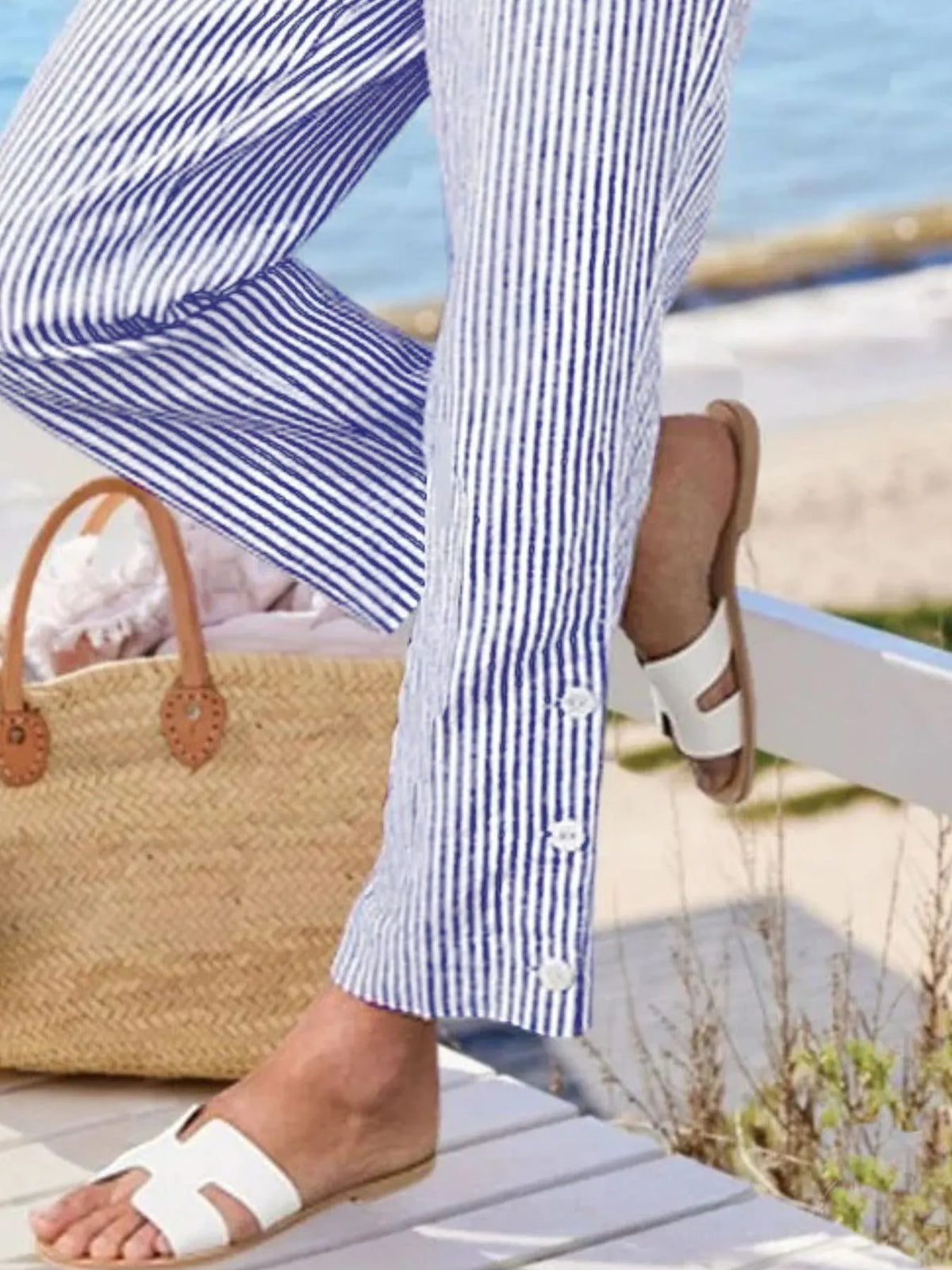 Striped Side-Button Detail Pants