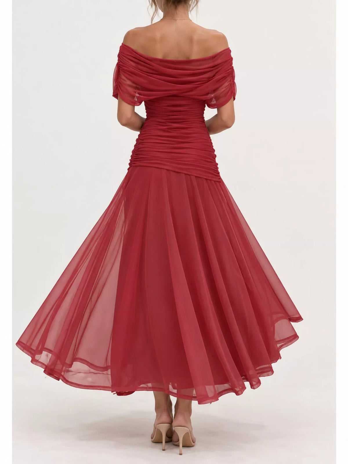 Off-Shoulder Ruched Tulle Evening Maxi Dress