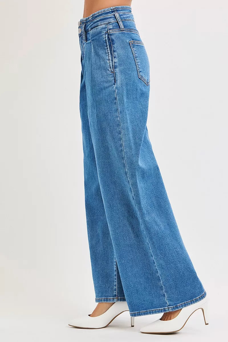 Risen Mid Rise Wide Leg Jeans with Pleated Detail in Medium Wash