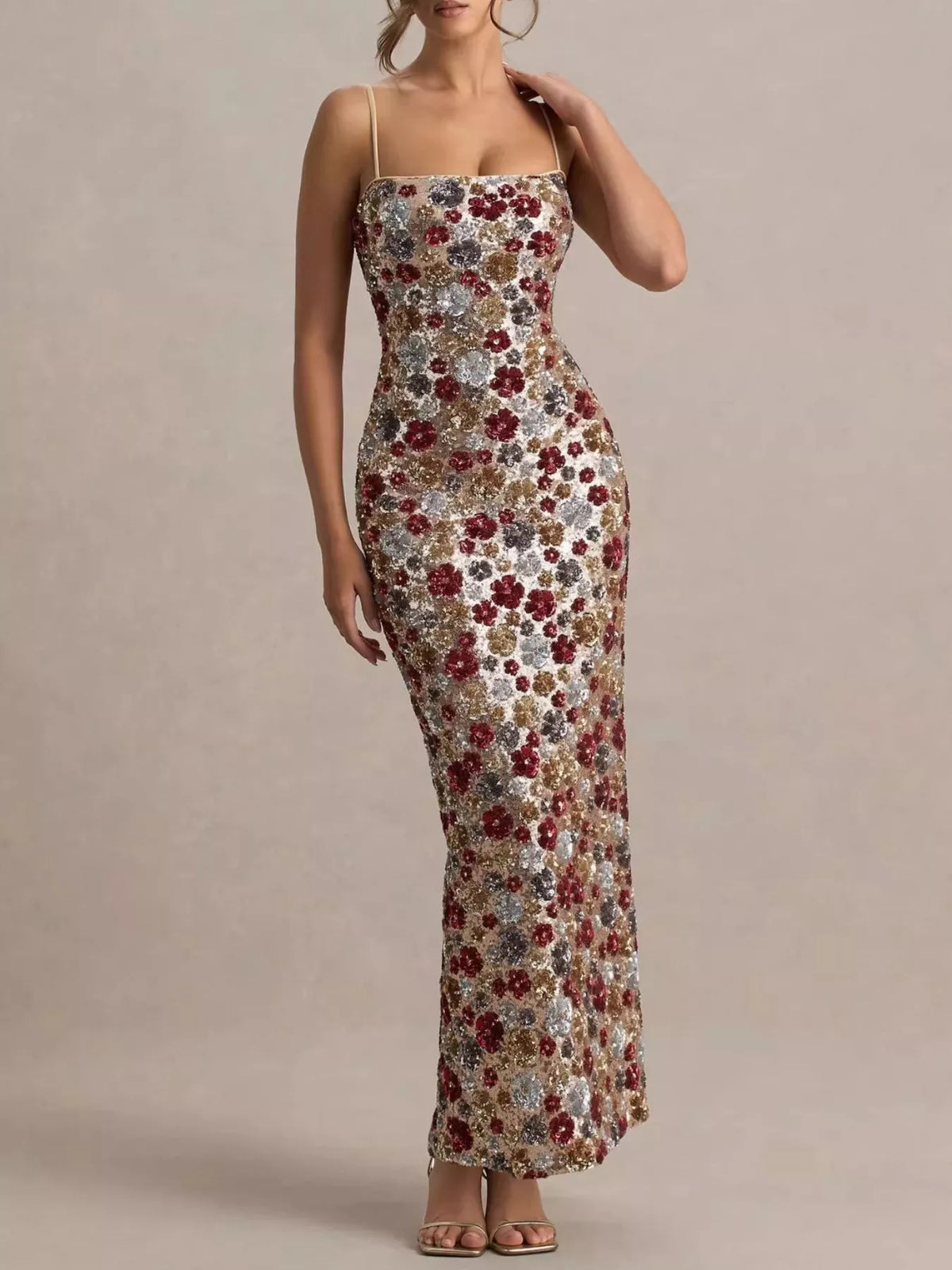 Slit Floral Sequin Bodycon Maxi Dress in Multicolor