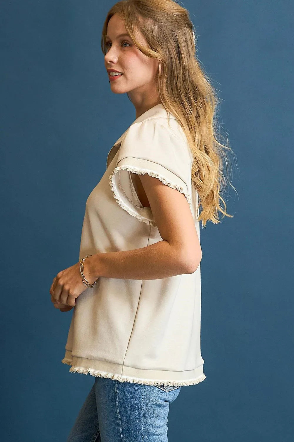 Umgee Frill Hem Half-Zip Collared Blouse in Cream