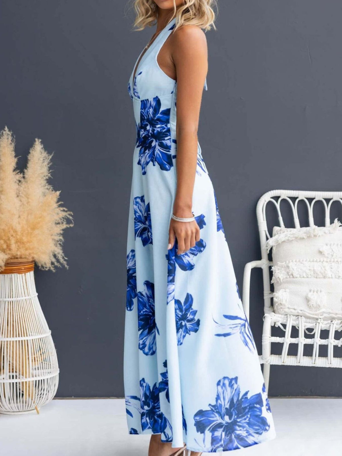 Floral Print Lace-Up Halter Maxi Dress