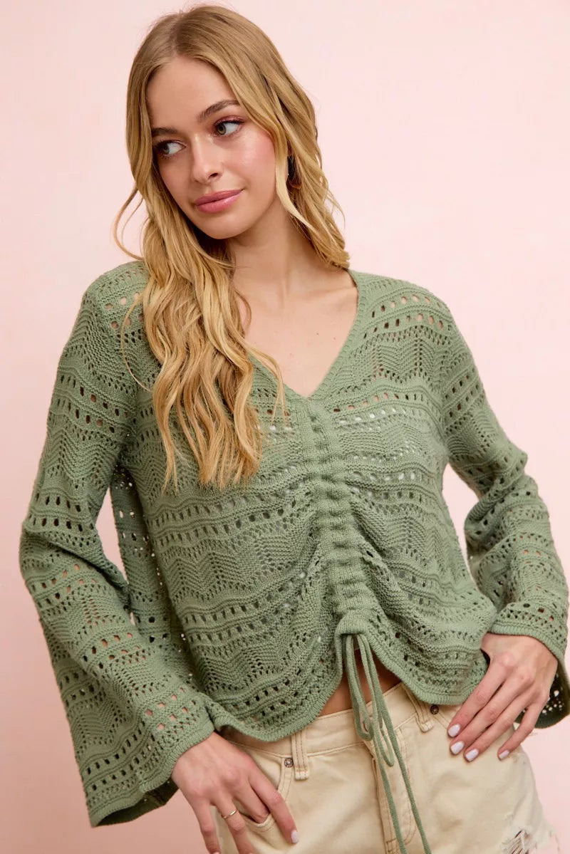 Pointelle V-Neck Ruched Top in Sage Green by BiBi