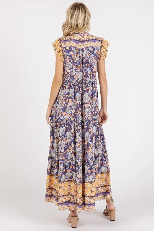 Floral Ruffled Notched Cap Sleeve Maxi Dress in Peacock Blue in Peacock  Blue by Mittoshop