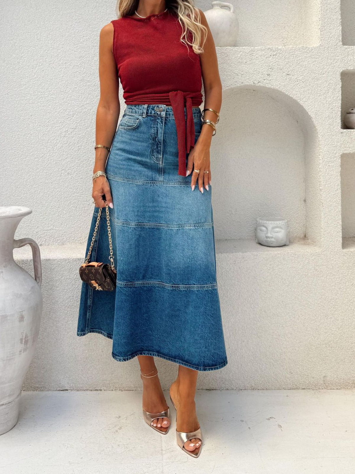 High-Waisted Belted Denim Skirt in Dusty Blue