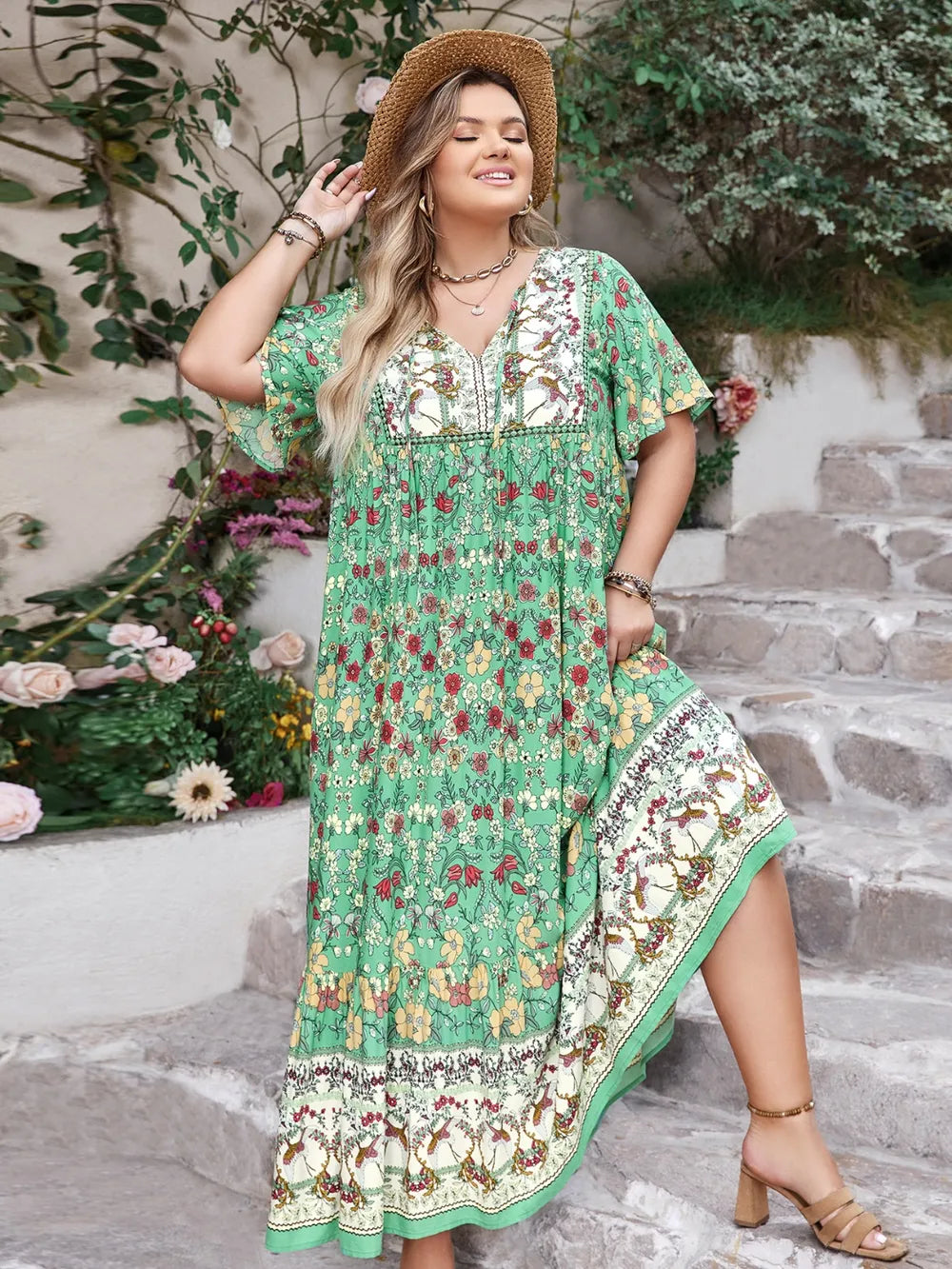 Floral Tie Neck Flutter Sleeve Maxi Dress in Gum Leaf