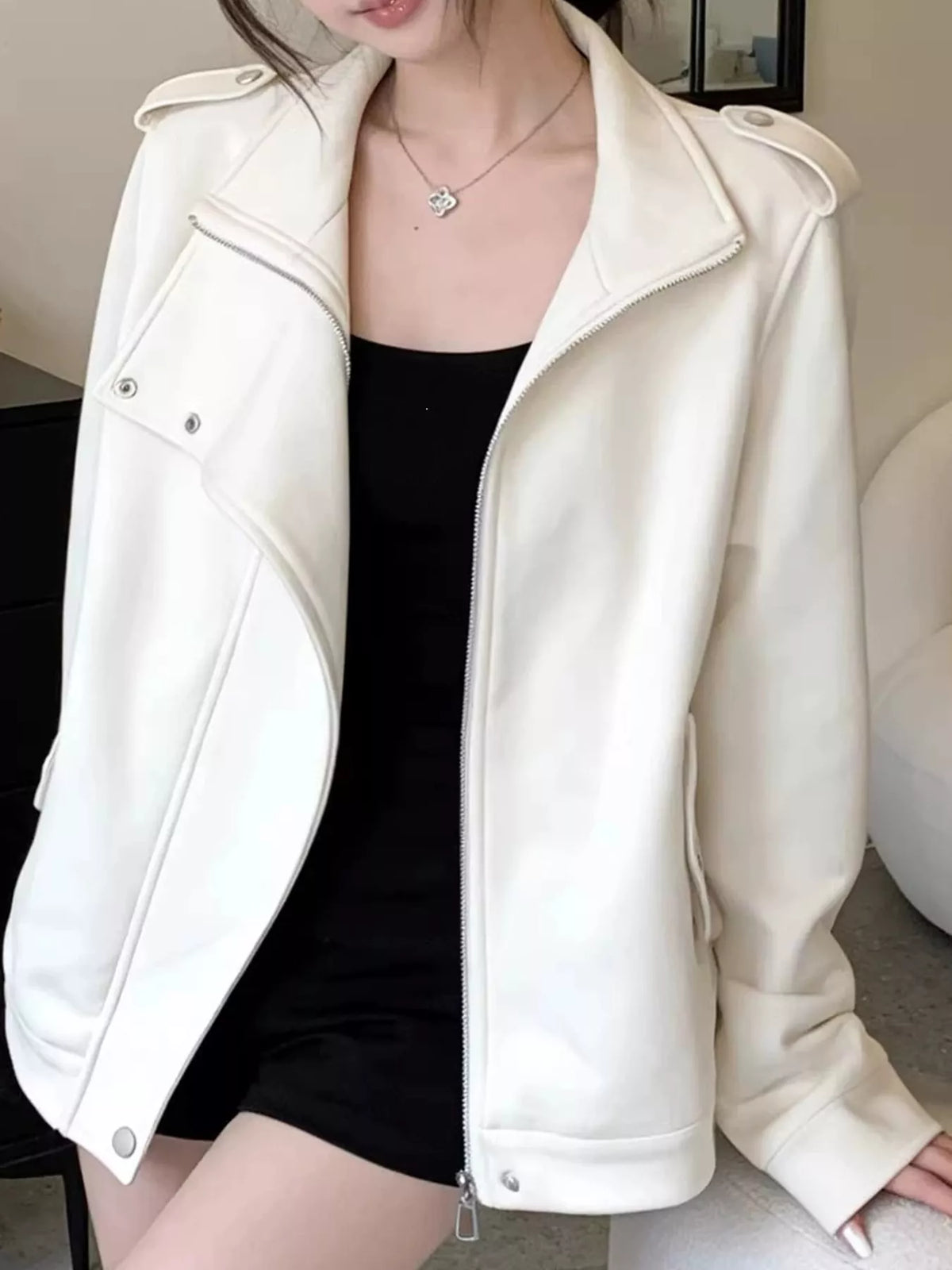 Asymmetric Zip-Up Jacket in Off-White
