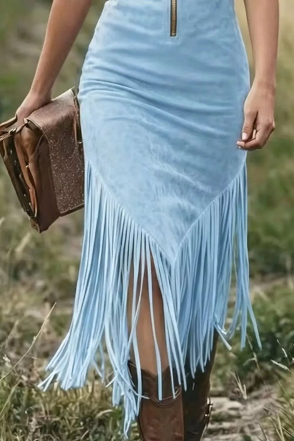 Fringe Zip-Front Sleeveless Dress