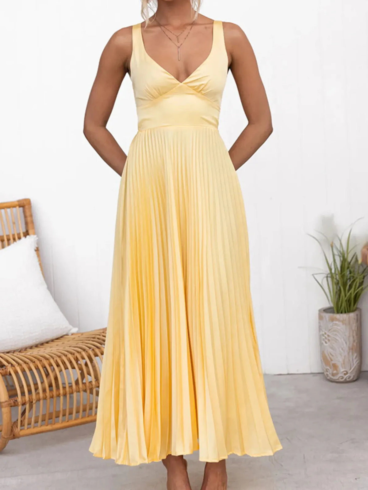 Pleated V-Neck Maxi Dress in Yellow
