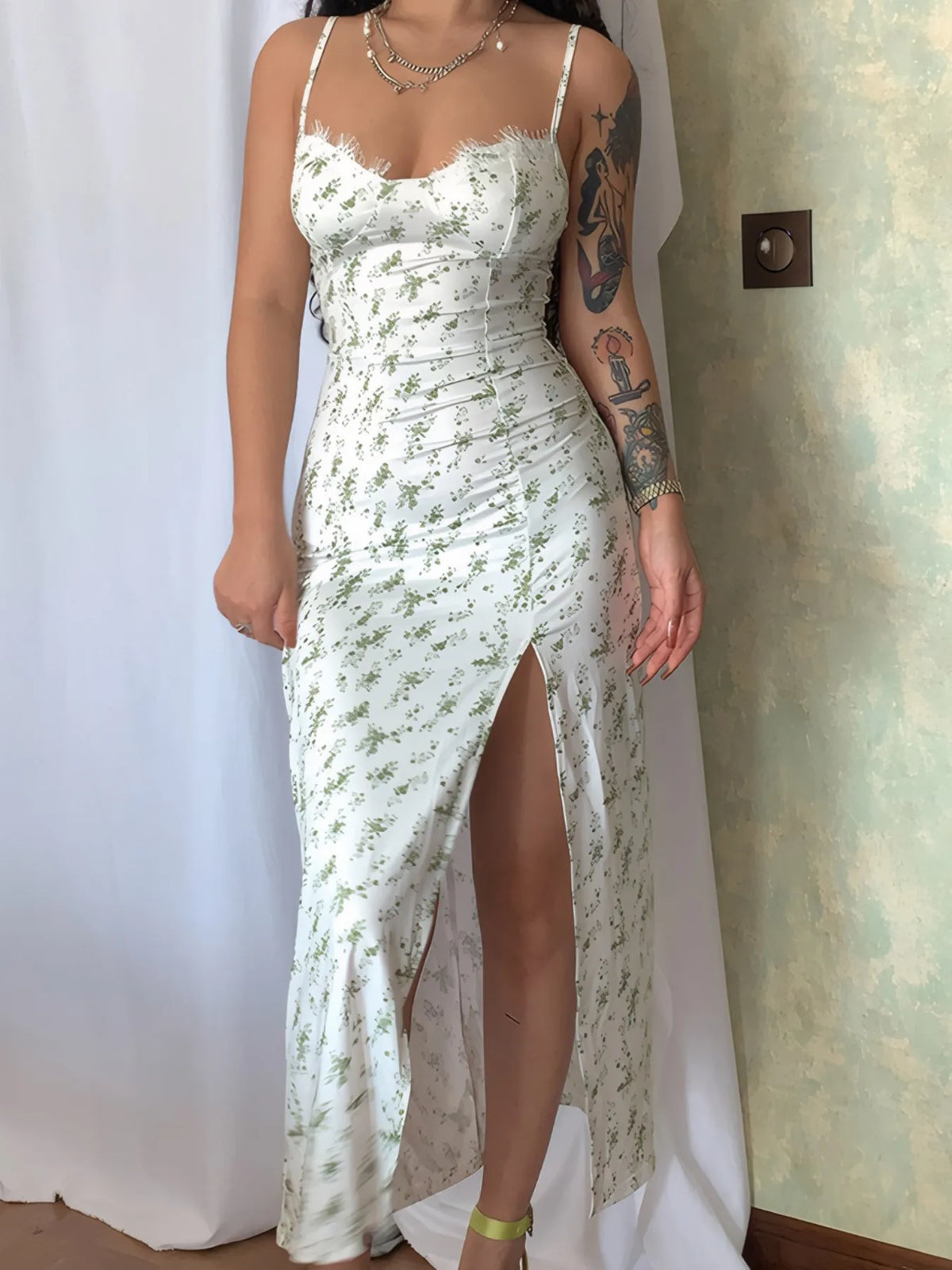 Split Sweetheart Neck Cami Dress with Lace Detail