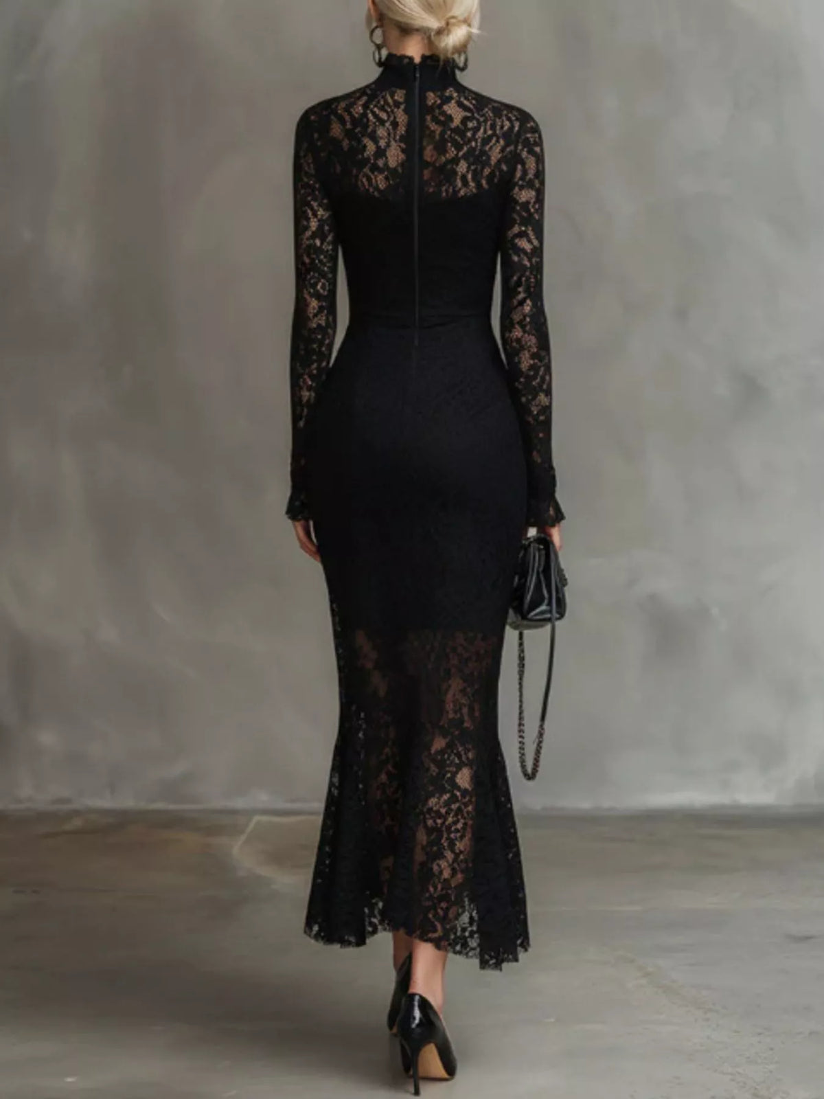 Lace Mock Neck Long Sleeve Mermaid Midi Dress in Black