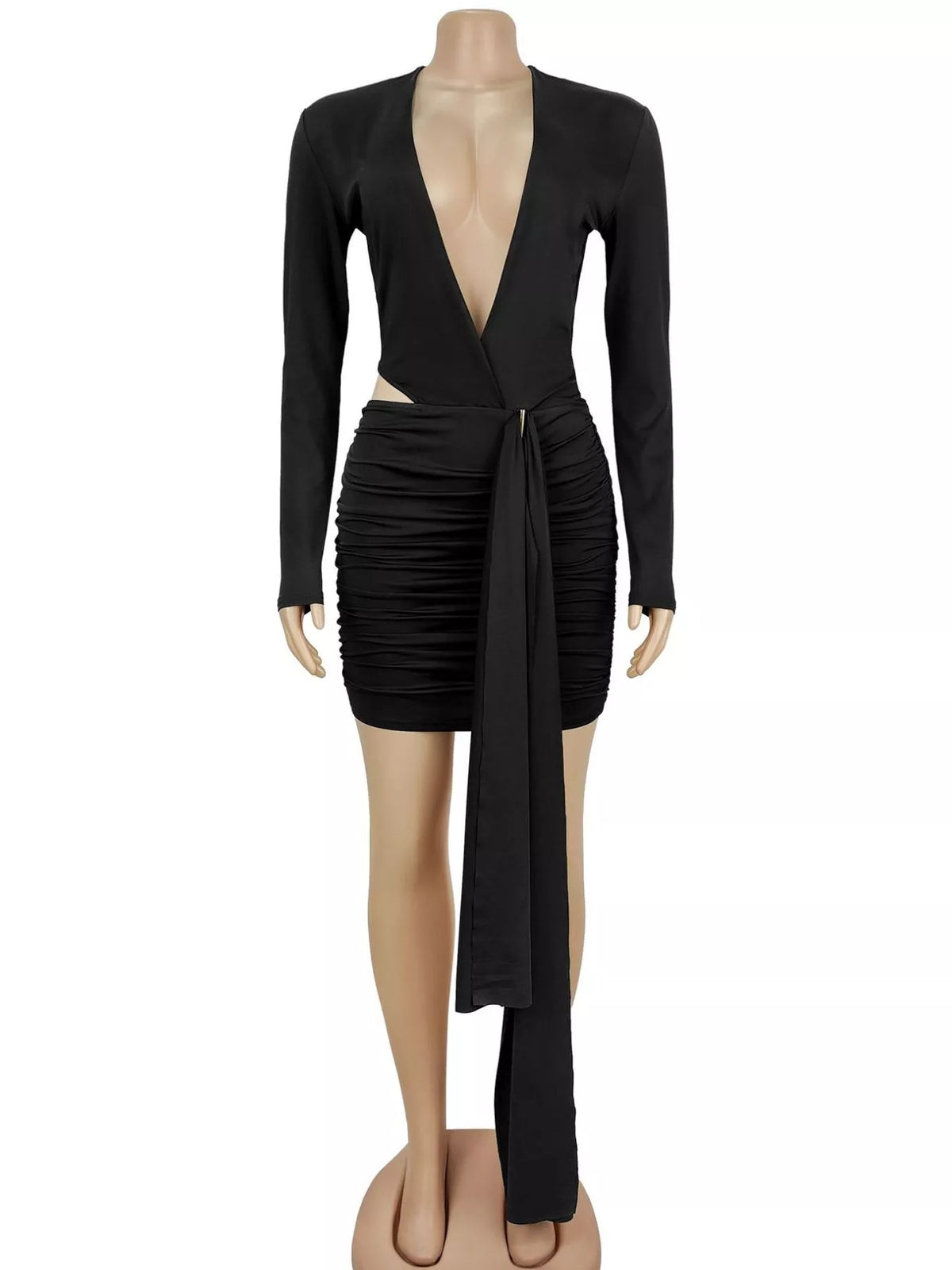 Cutout Deep V-Neck Ruched Bodycon Mini Dress