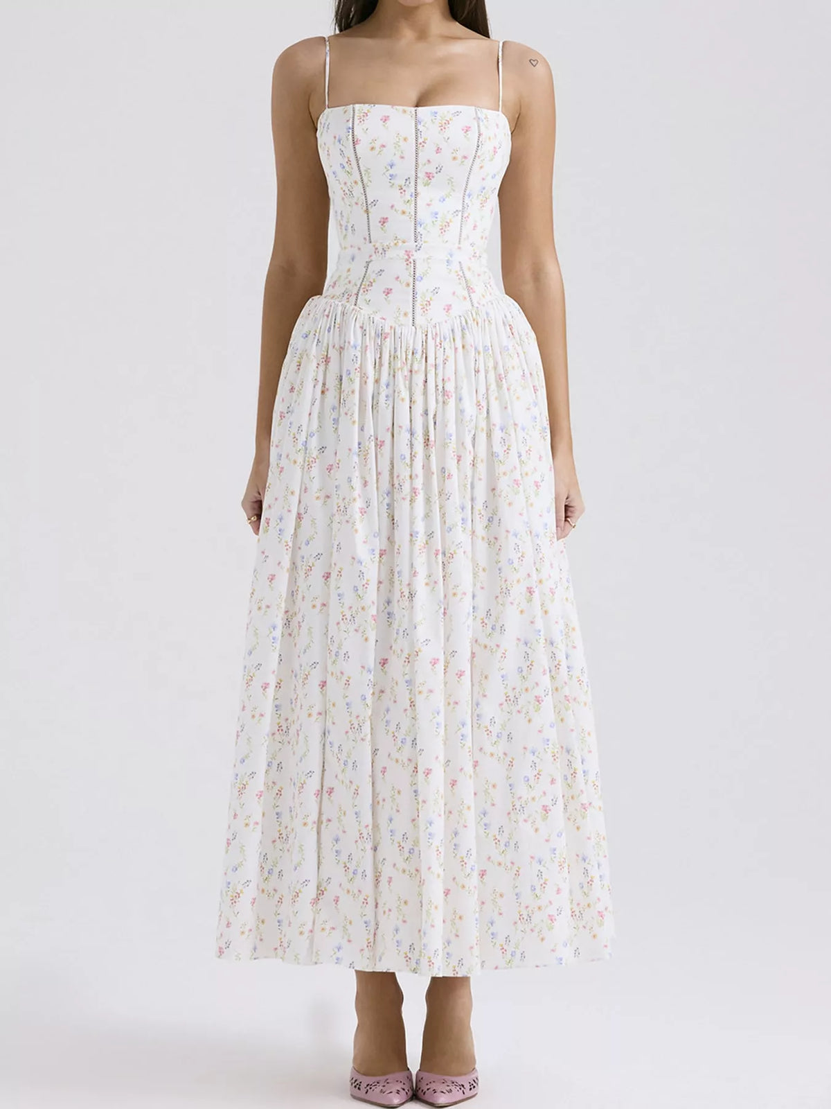Floral Spaghetti Strap Midi Dress in White