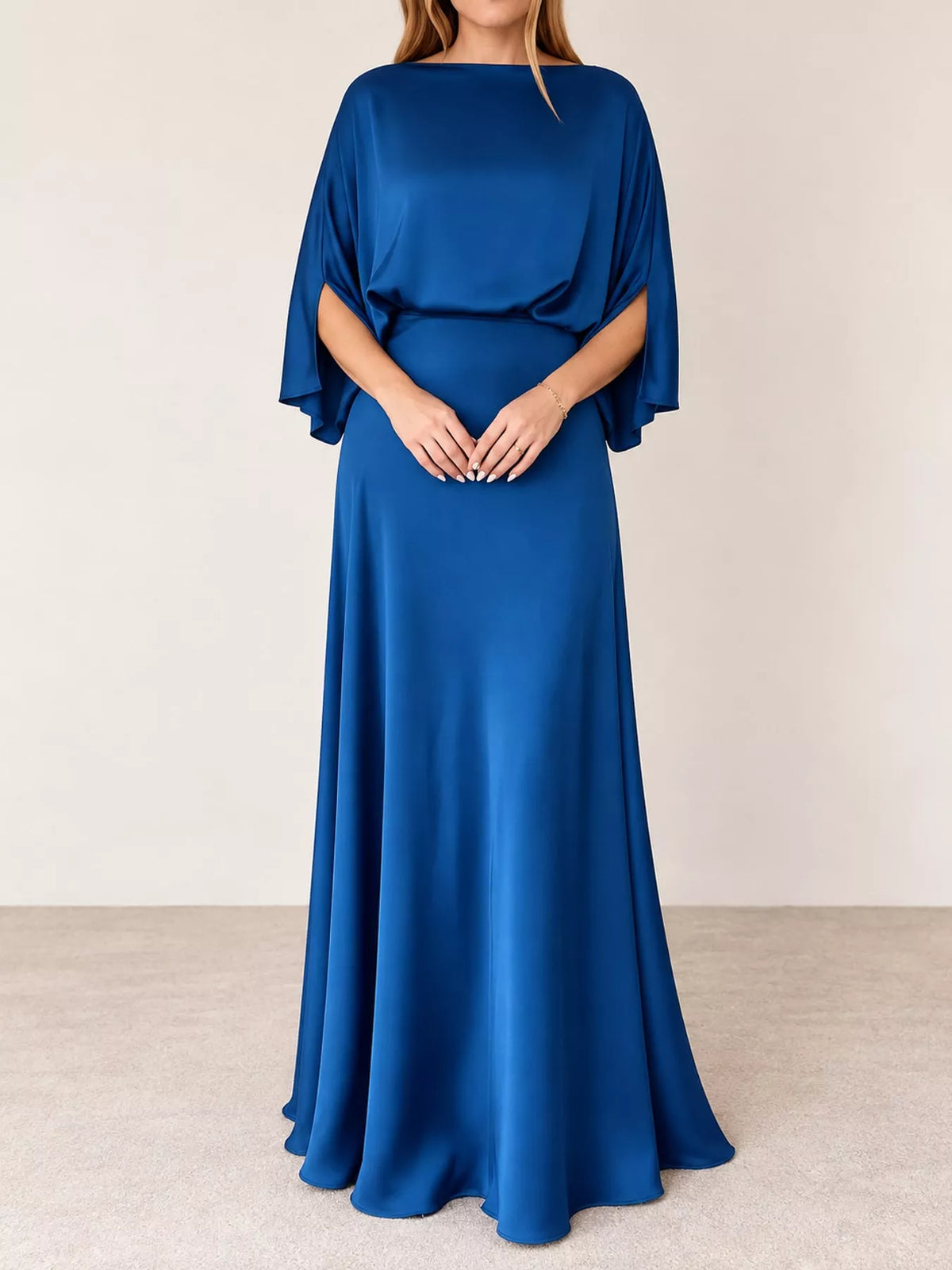 Satin Cape-Sleeve Maxi Dress