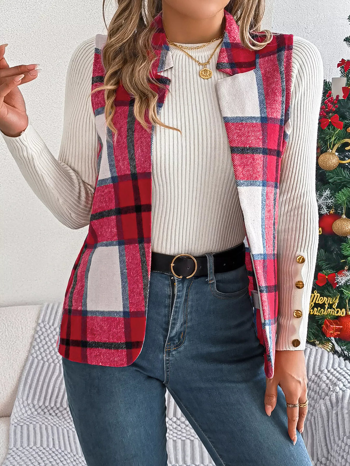 Plaid Open-Front Vest by Clise