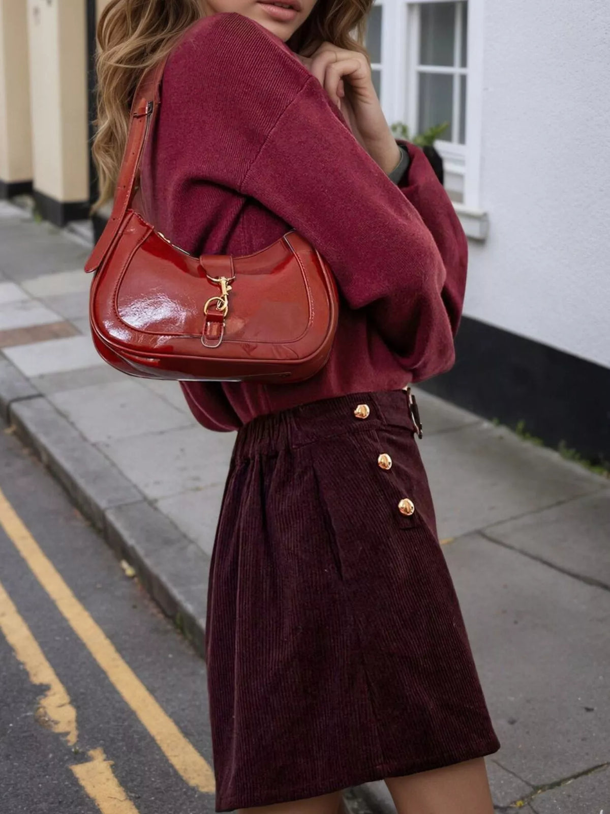 Corduroy Mini Skirt with Gold Buttons in Burgundy
